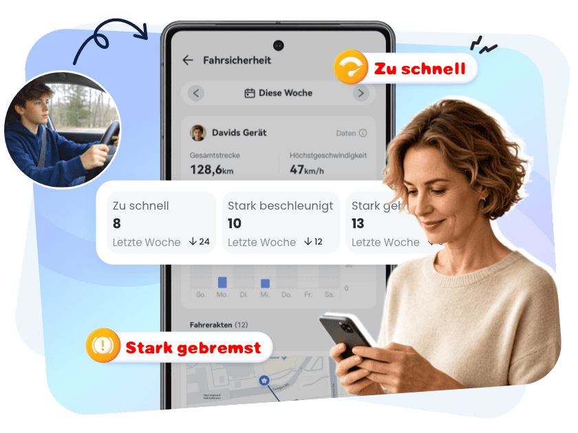 Eltern sehen sich Details und Warnmeldungen zu einer Autofahrt ihres Teenagers an