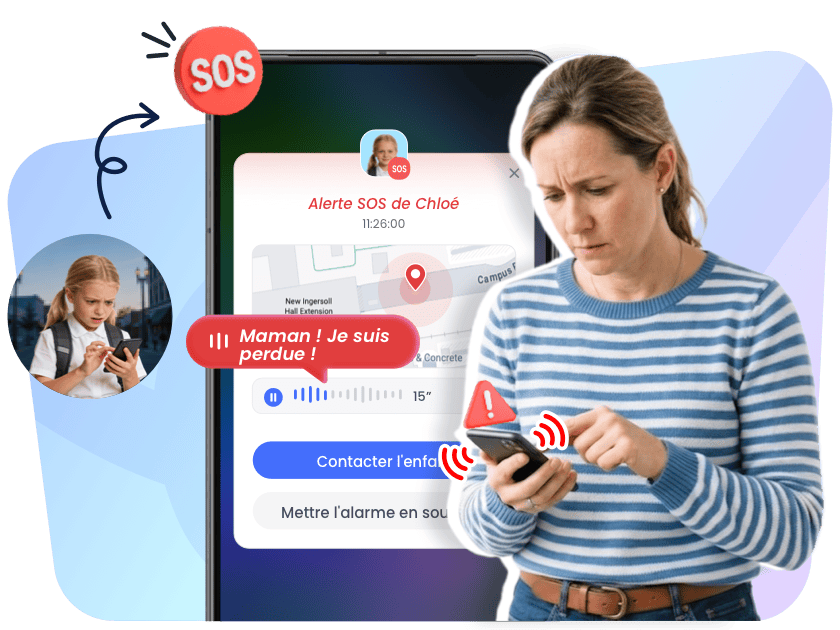 Un parent reçoit une alerte SOS de son enfant, avec sa position en direct et 15 secondes de son ambiant via AirDroid Parental Control